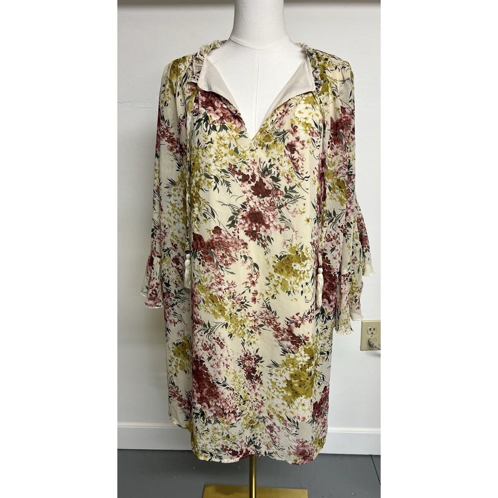 Umgee Cream Floral Dress‎ Size L Bell Sleeves Tassles Flowy Feminine Romantic